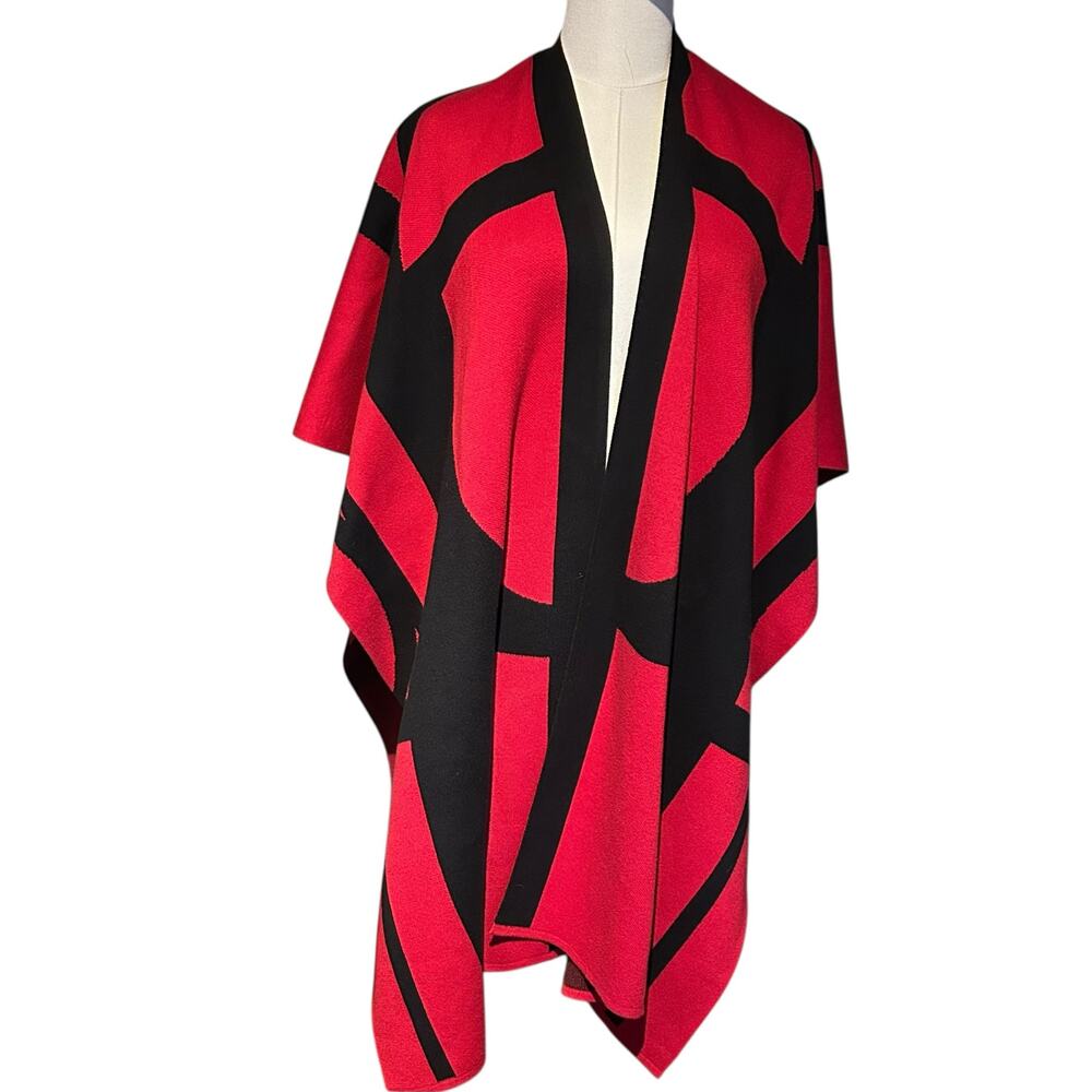 Chico's Cape Shawl Poncho Open Red Black Geometric OSFM 100% Cotton Cottage Boho